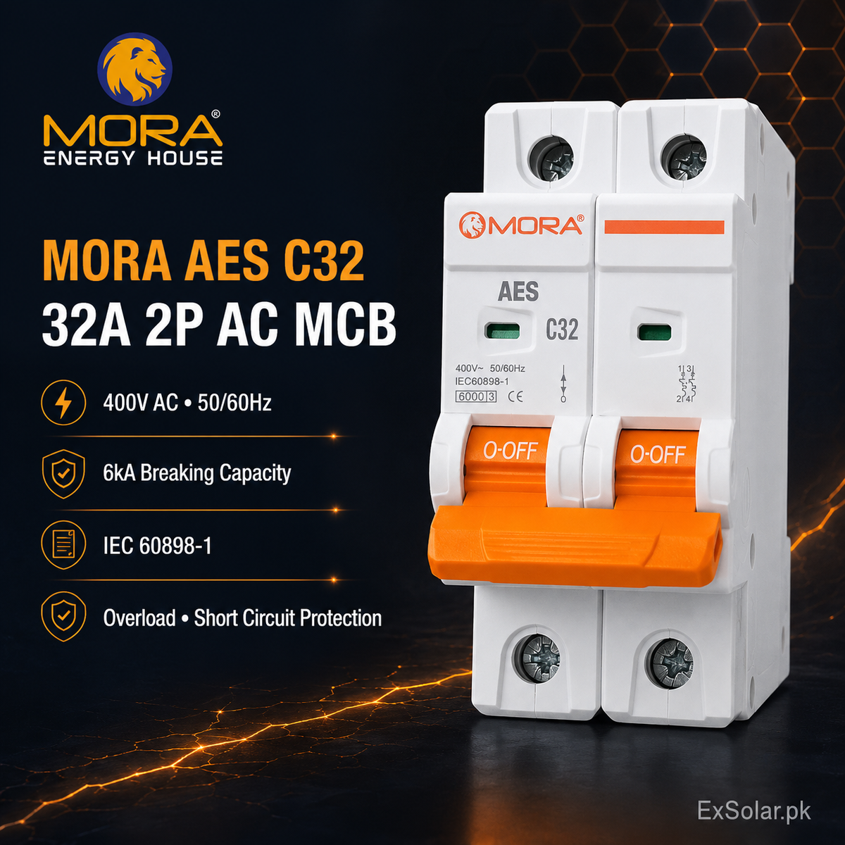 MORA AES C32 32A 2-Pole 400V AC 6kA MCB