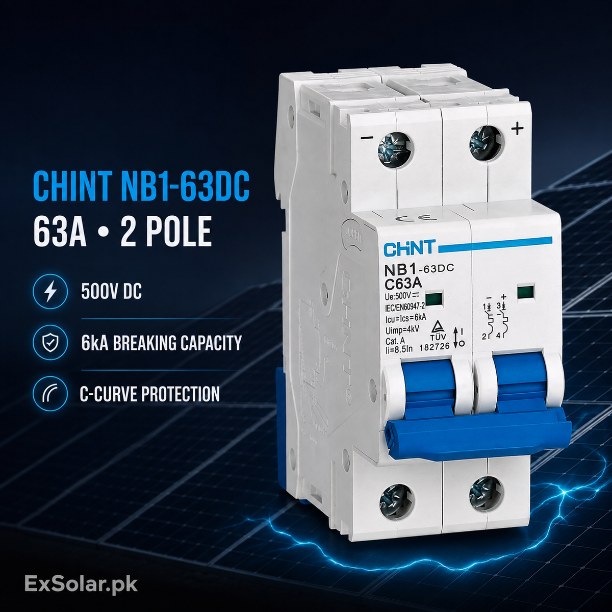 CHINT NB1-63DC C63A 63A 2-Pole 500V DC Solar Breaker