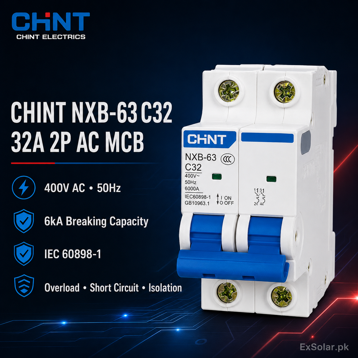 CHINT NXB-63 C32 32A 2-Pole 400V AC 6kA MCB