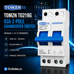 TOMZN TO219G 63A 2-Pole Manual Changeover Switch – 400V AC I–0–II Dual Power Transfer