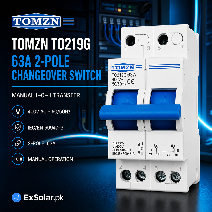 TOMZN TO219G 63A 2-Pole Manual Changeover Switch – 400V AC I–0–II Dual Power Transfer