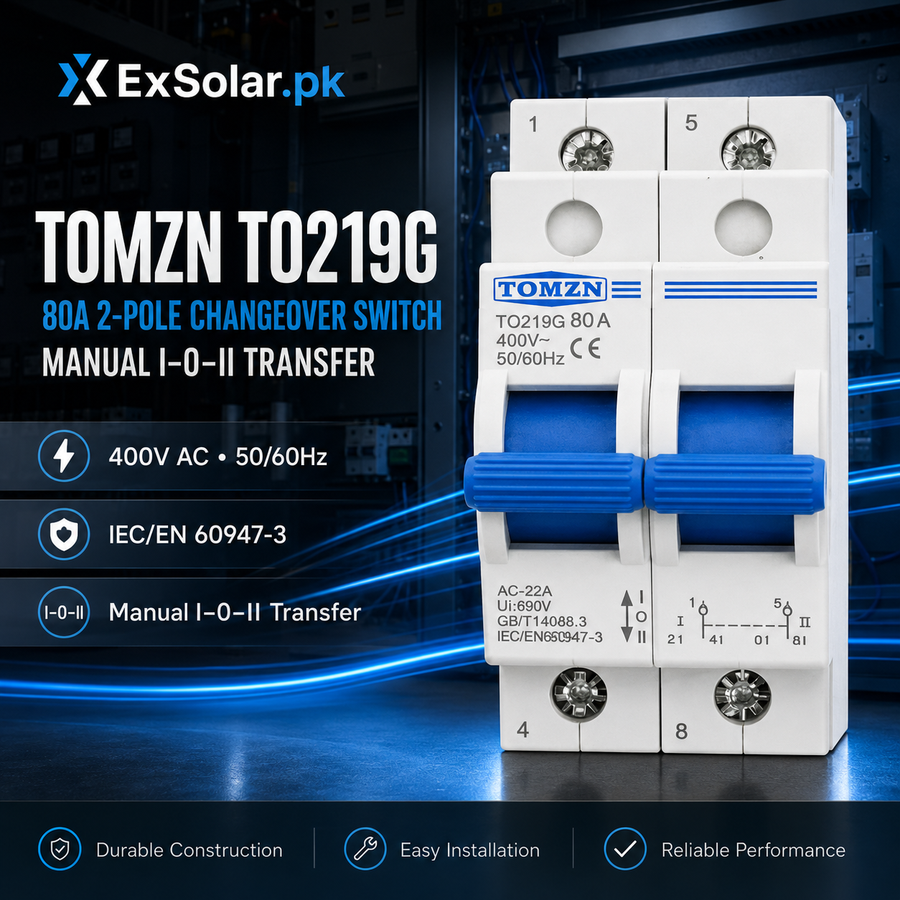 TOMZN TO219G 80A 2-Pole Manual Changeover Switch – 400V AC I–0–II Dual Power Transfer