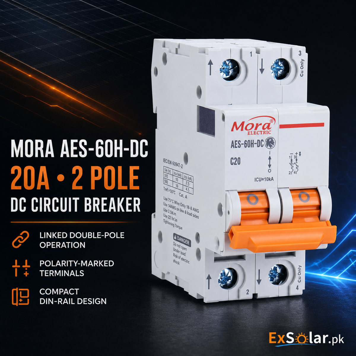 MORA AES-60H-DC C20 20A 2-Pole DC Circuit Breaker