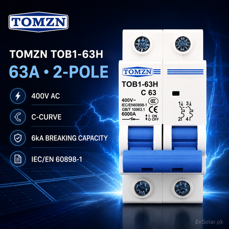 TOMZN TOB1-63H C63 63A 2-Pole 400V 6kA AC Miniature Circuit Breaker