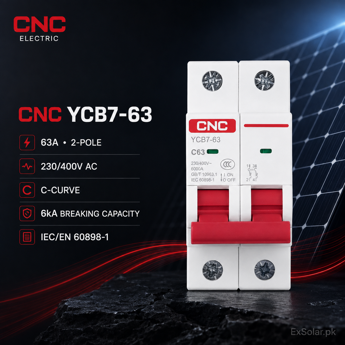 CNC YCB7-63 C63 63A 2-Pole 230/400V 6kA AC Miniature Circuit Breaker
