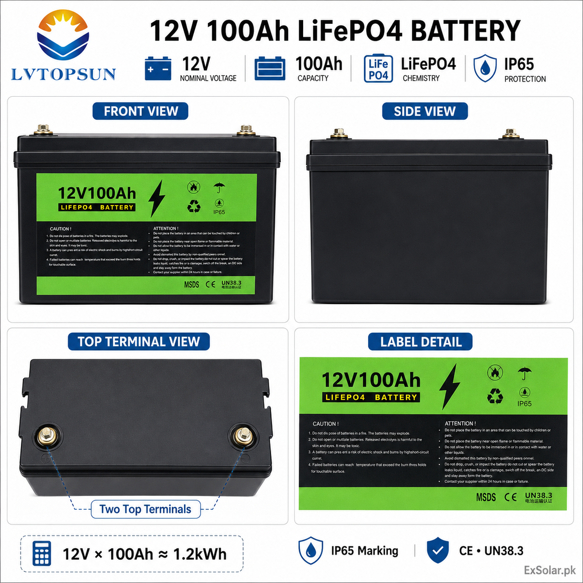 LVTOPSUN 12V 100Ah LiFePO4 Lithium Battery – 1.2kWh Class