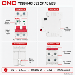 CNC YCB6H-63 32A 2-Pole C-Curve AC Miniature Circuit Breaker