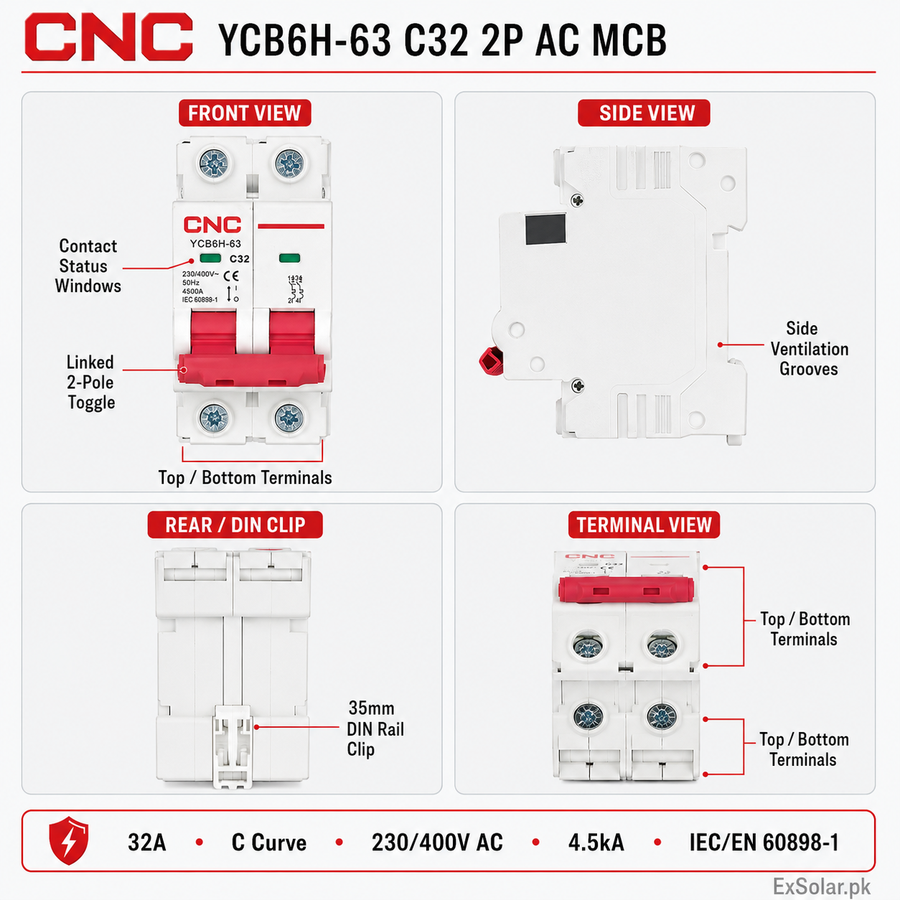CNC YCB6H-63 32A 2-Pole C-Curve AC Miniature Circuit Breaker