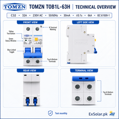 TOMZN TOB1L-63H C32 32A 2-Pole 30mA AC RCBO