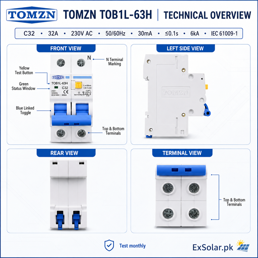 TOMZN TOB1L-63H C32 32A 2-Pole 30mA AC RCBO