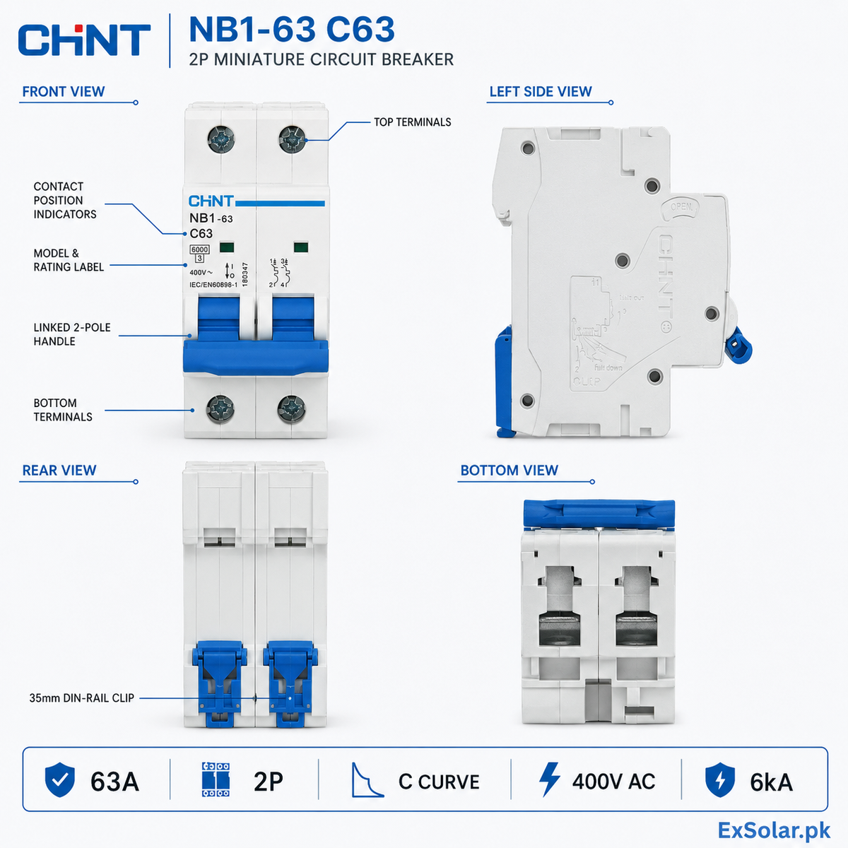 CHINT NB1-63 C63 63A 2-Pole 400V 6kA AC Miniature Circuit Breaker