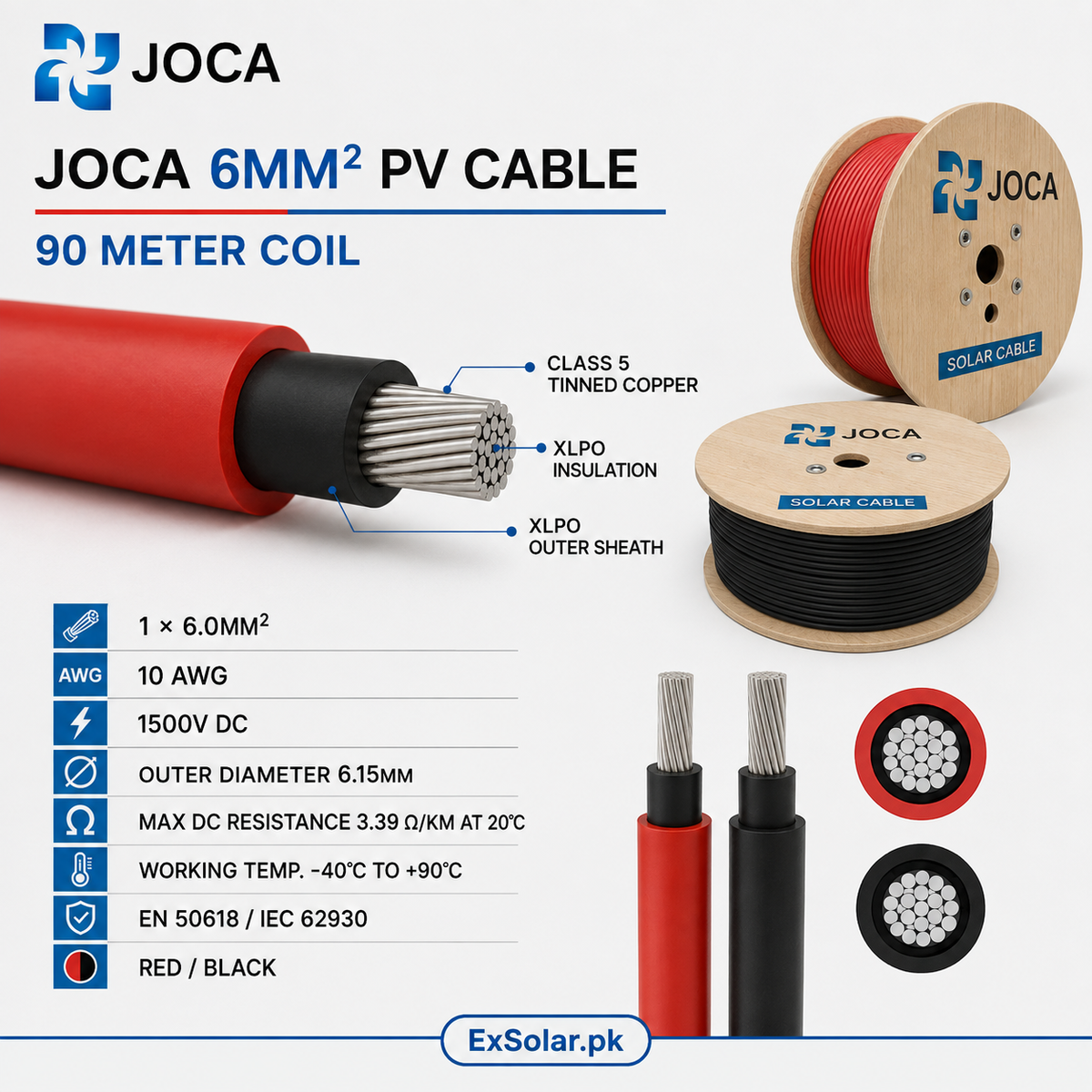 JOCA 6mm² H1Z2Z2-K XLPO Solar Cable — 90 Meter Coil