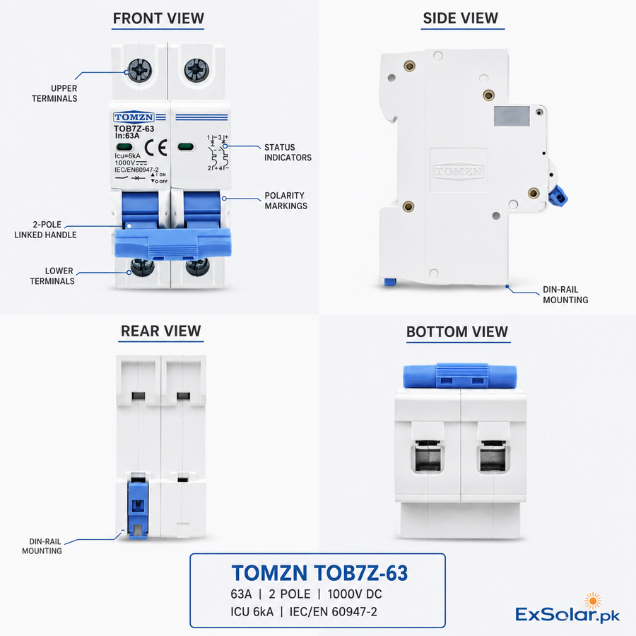 TOMZN TOB7Z-63 63A 2-Pole 1000V DC Solar Circuit Breaker