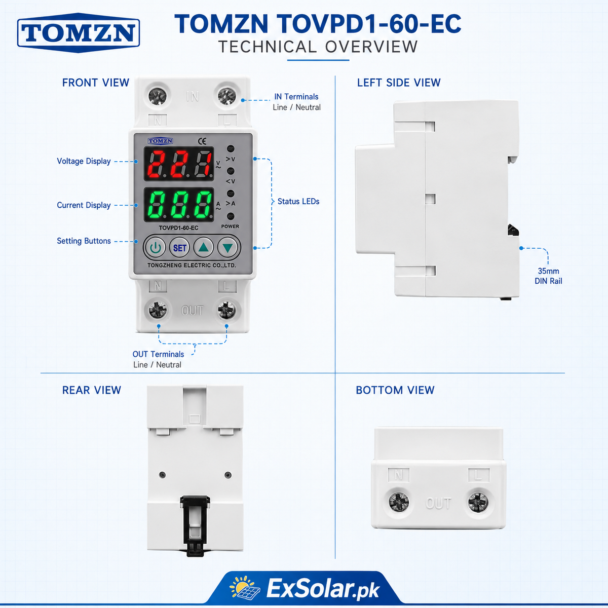 TOMZN TOVPD1-60-EC 2-Pole Adjustable Voltage & Current Protection Relay