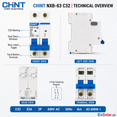 CHINT NXB-63 C32 32A 2-Pole 400V AC 6kA MCB