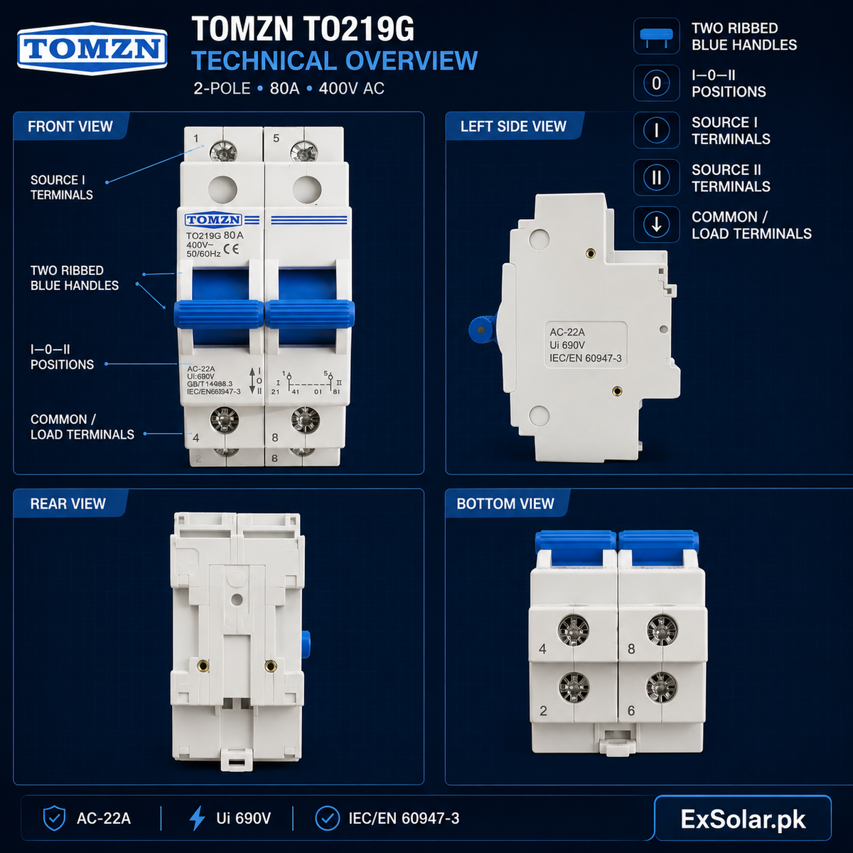 TOMZN TO219G 80A 2-Pole Manual Changeover Switch – 400V AC I–0–II Dual Power Transfer