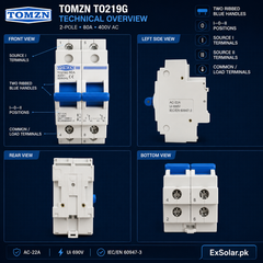 TOMZN TO219G 80A 2-Pole Manual Changeover Switch – 400V AC I–0–II Dual Power Transfer