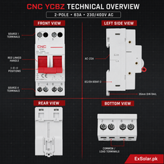 CNC Electric YCBZ 63A 2-Pole Manual Changeover Switch – 230/400V AC I–0–II