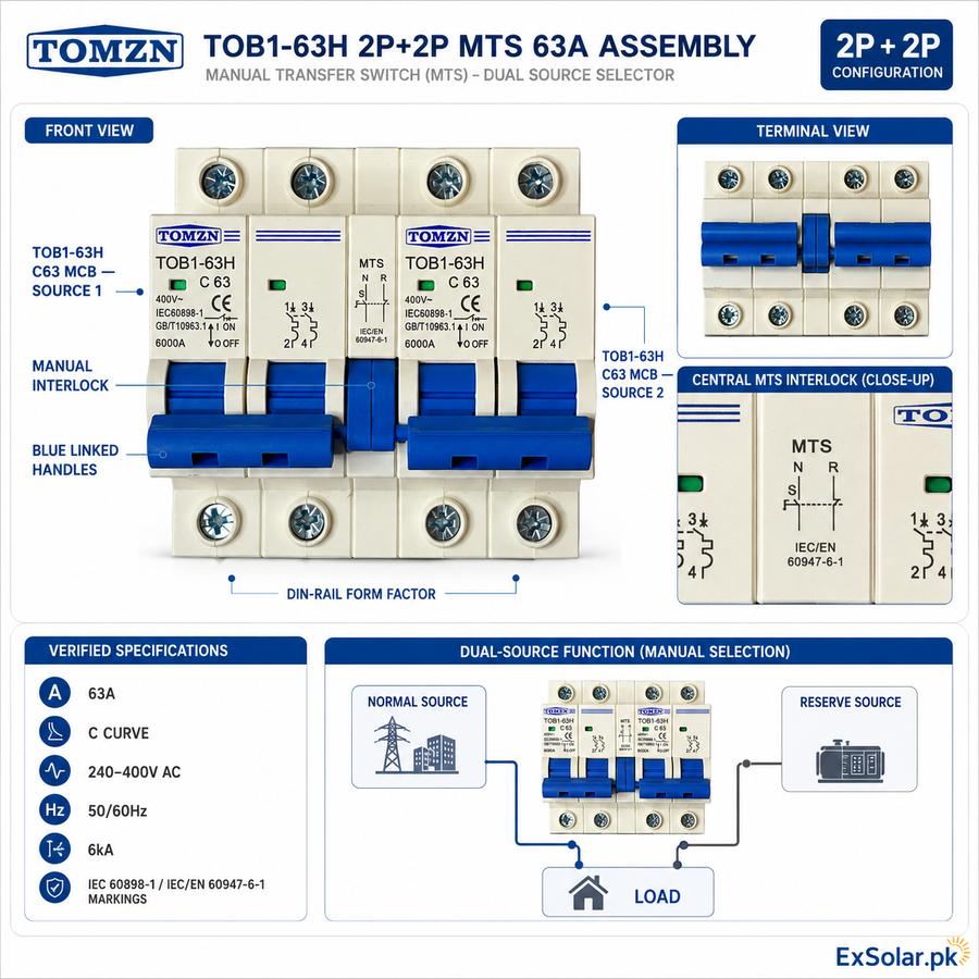 TOMZN TOB1-63H MTS 2P+2P 63A Dual-Power Manual Changeover Breaker