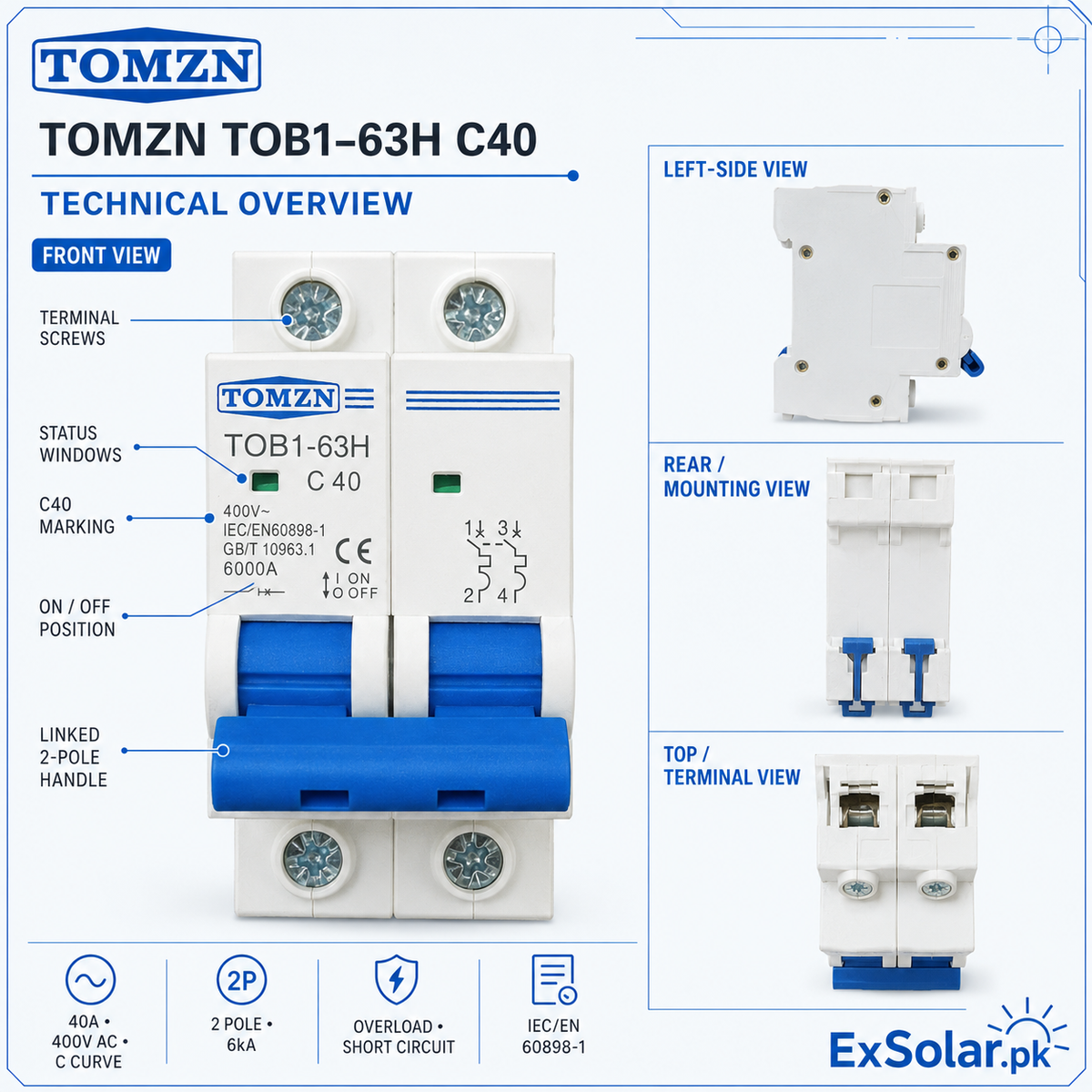TOMZN TOB1-63H C40 40A 2-Pole AC Miniature Circuit Breaker