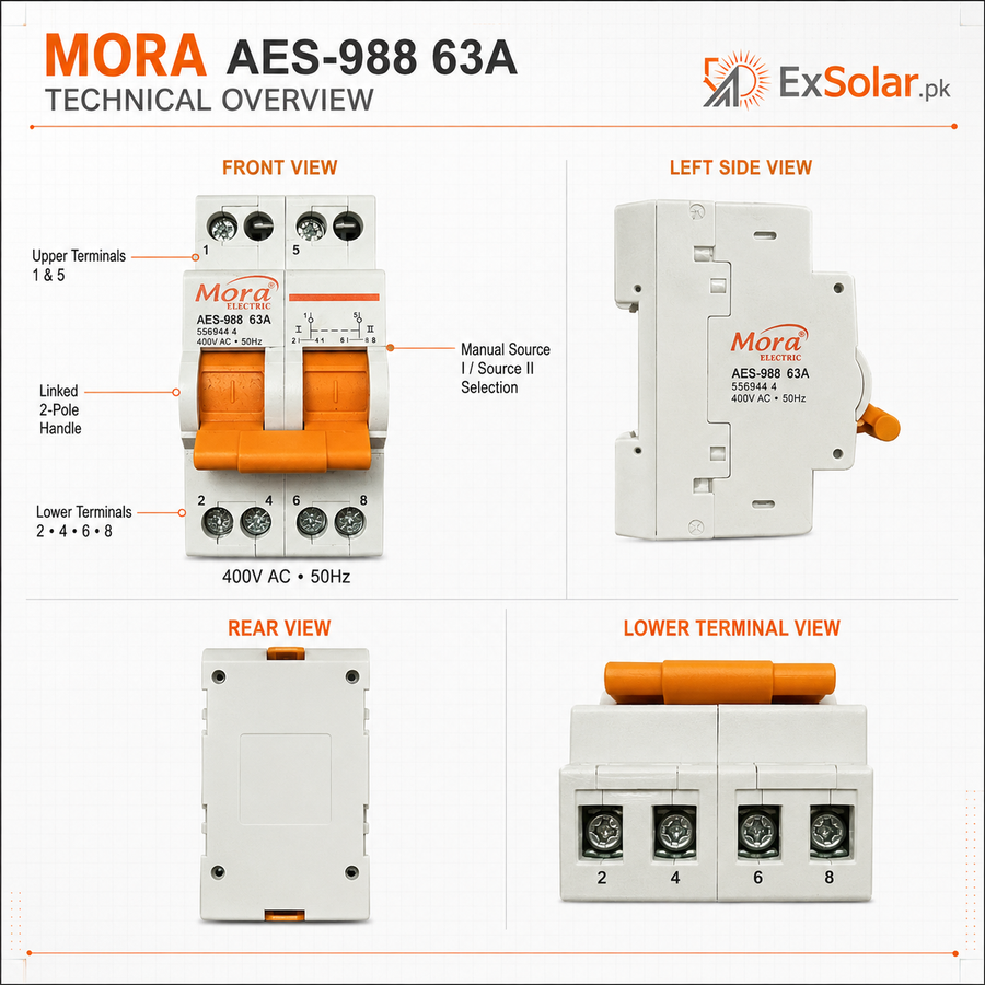 MORA AES-988 63A 2-Pole Manual Changeover Switch – 400V AC