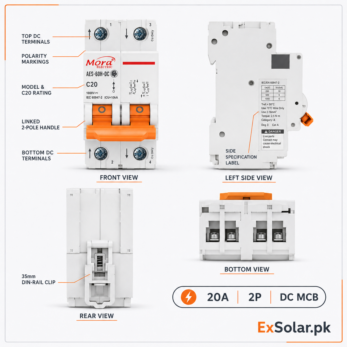 MORA AES-60H-DC C20 20A 2-Pole DC Circuit Breaker