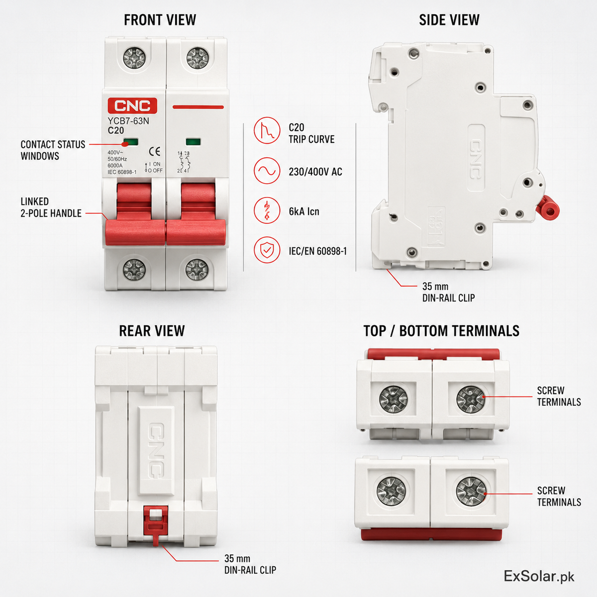 CNC YCB7-63N C20 20A 2P 6kA AC Miniature Circuit Breaker