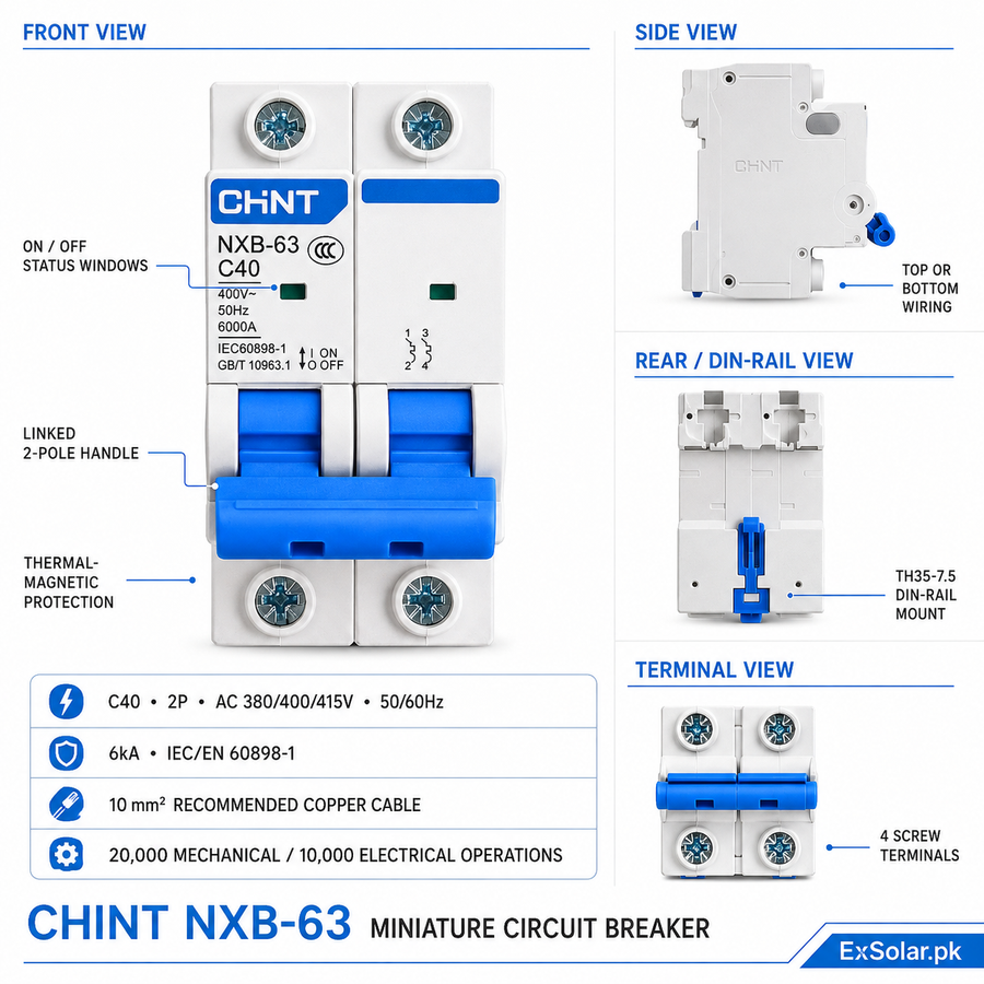 CHINT NXB-63 C40 40A 2-Pole 6kA AC Miniature Circuit Breaker