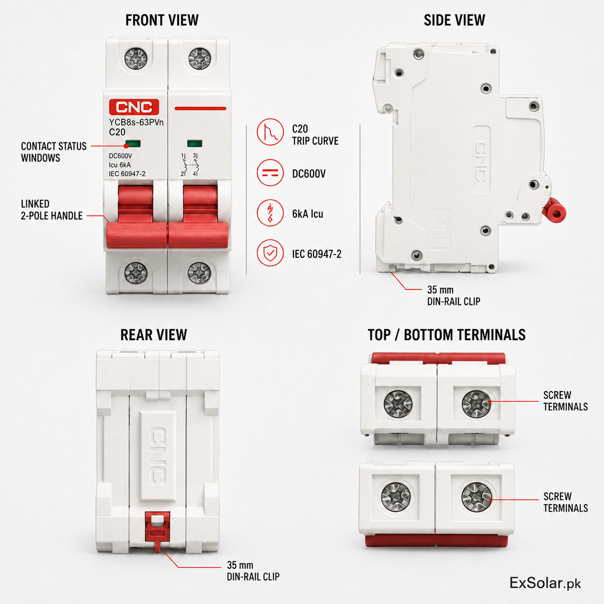 CNC YCB8s-63PVn C20 20A 2P 600V DC Solar MCB