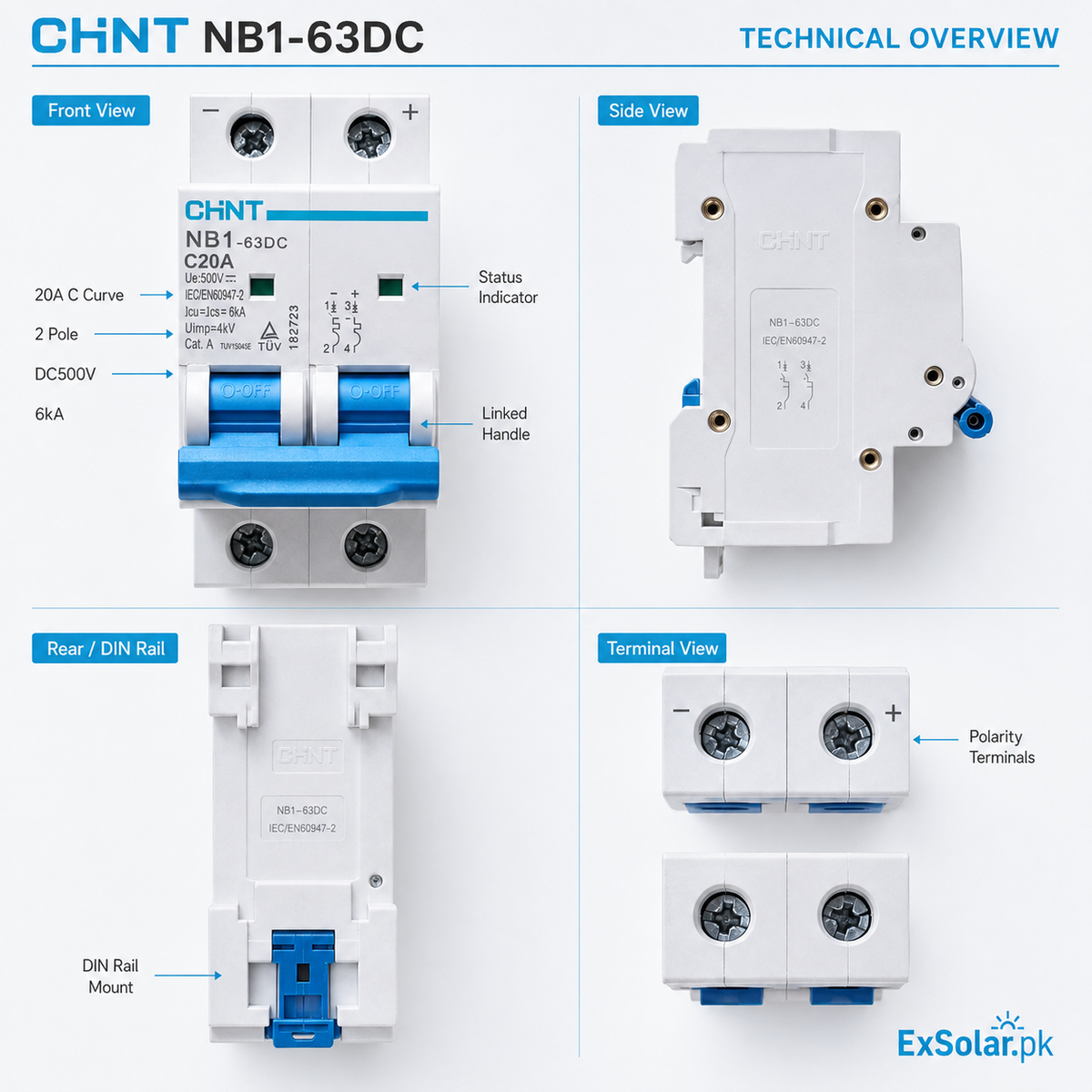 CHINT NB1-63DC C20A 20A 2P 500V DC Circuit Breaker