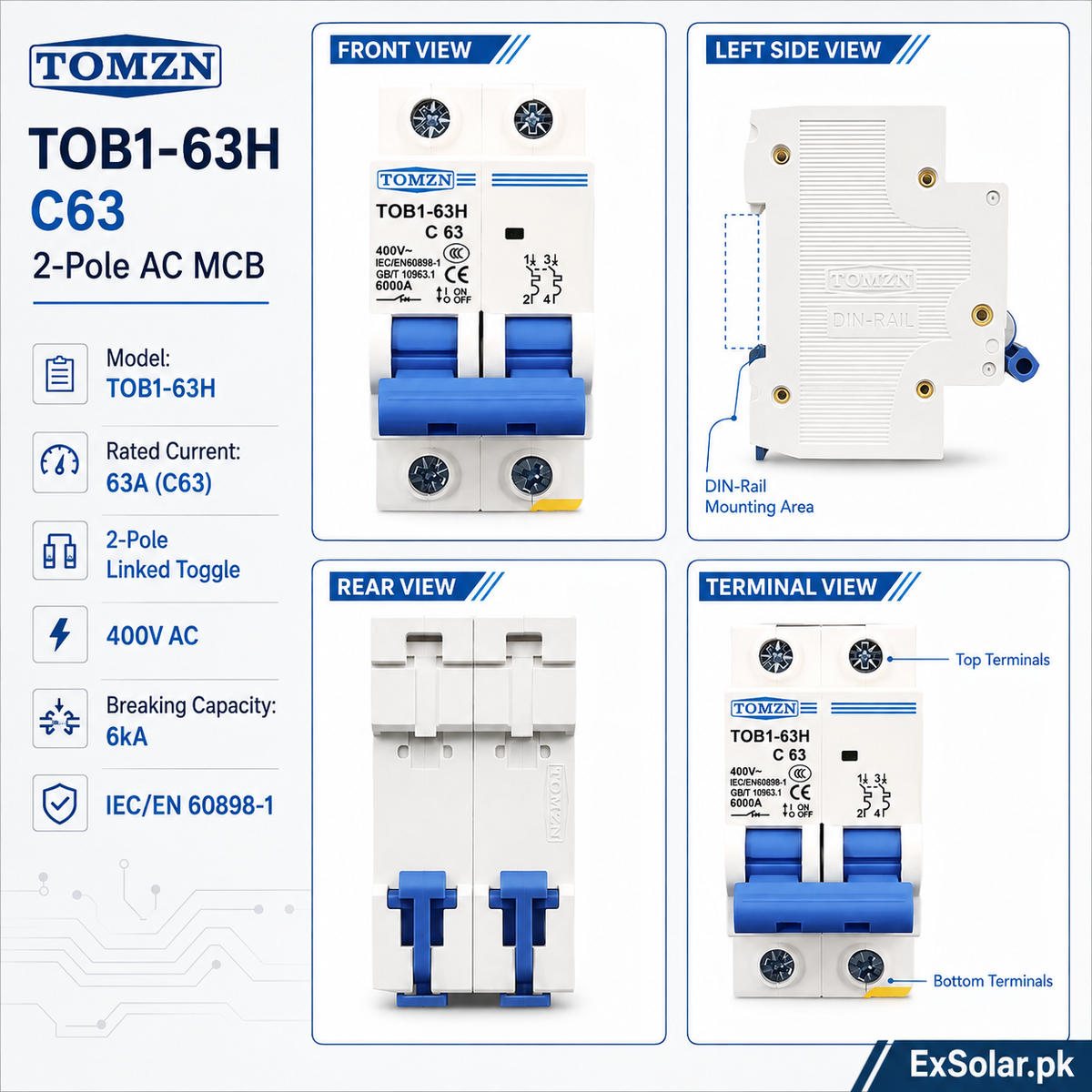 TOMZN TOB1-63H C63 63A 2-Pole 400V 6kA AC Miniature Circuit Breaker
