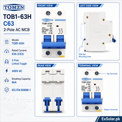TOMZN TOB1-63H C63 63A 2-Pole 400V 6kA AC Miniature Circuit Breaker