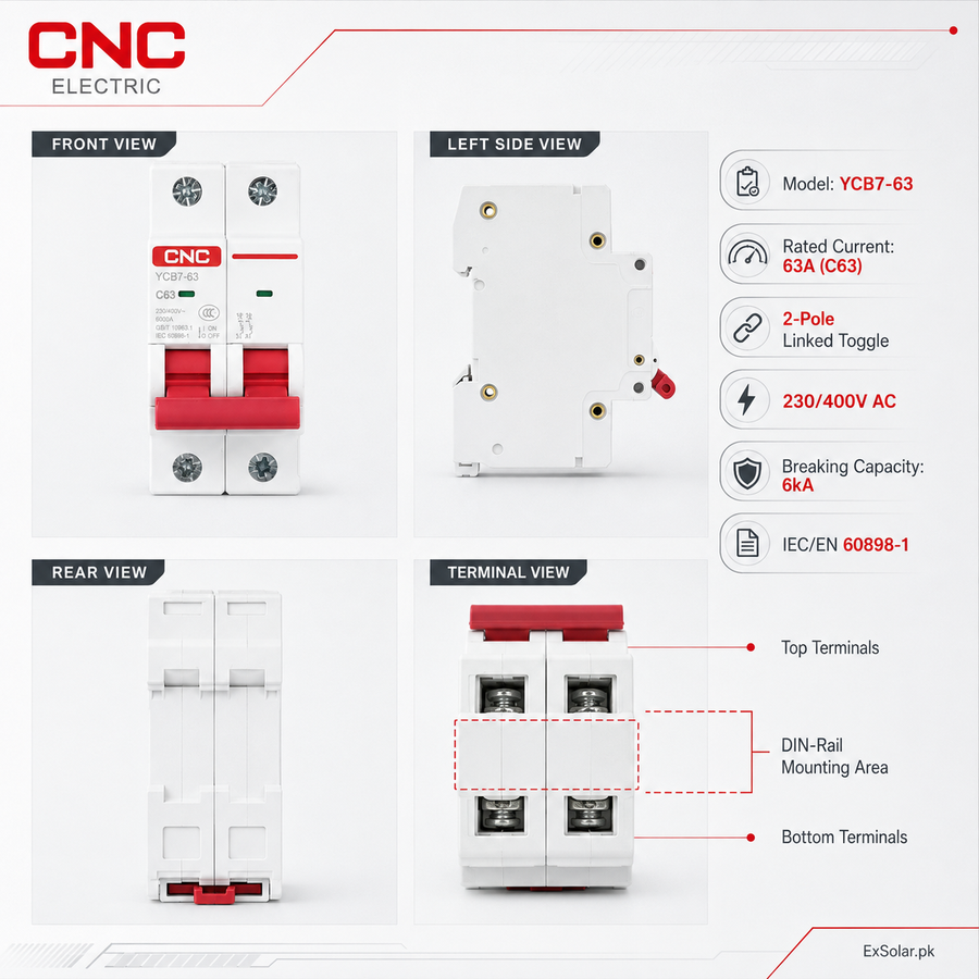 CNC YCB7-63 C63 63A 2-Pole 230/400V 6kA AC Miniature Circuit Breaker