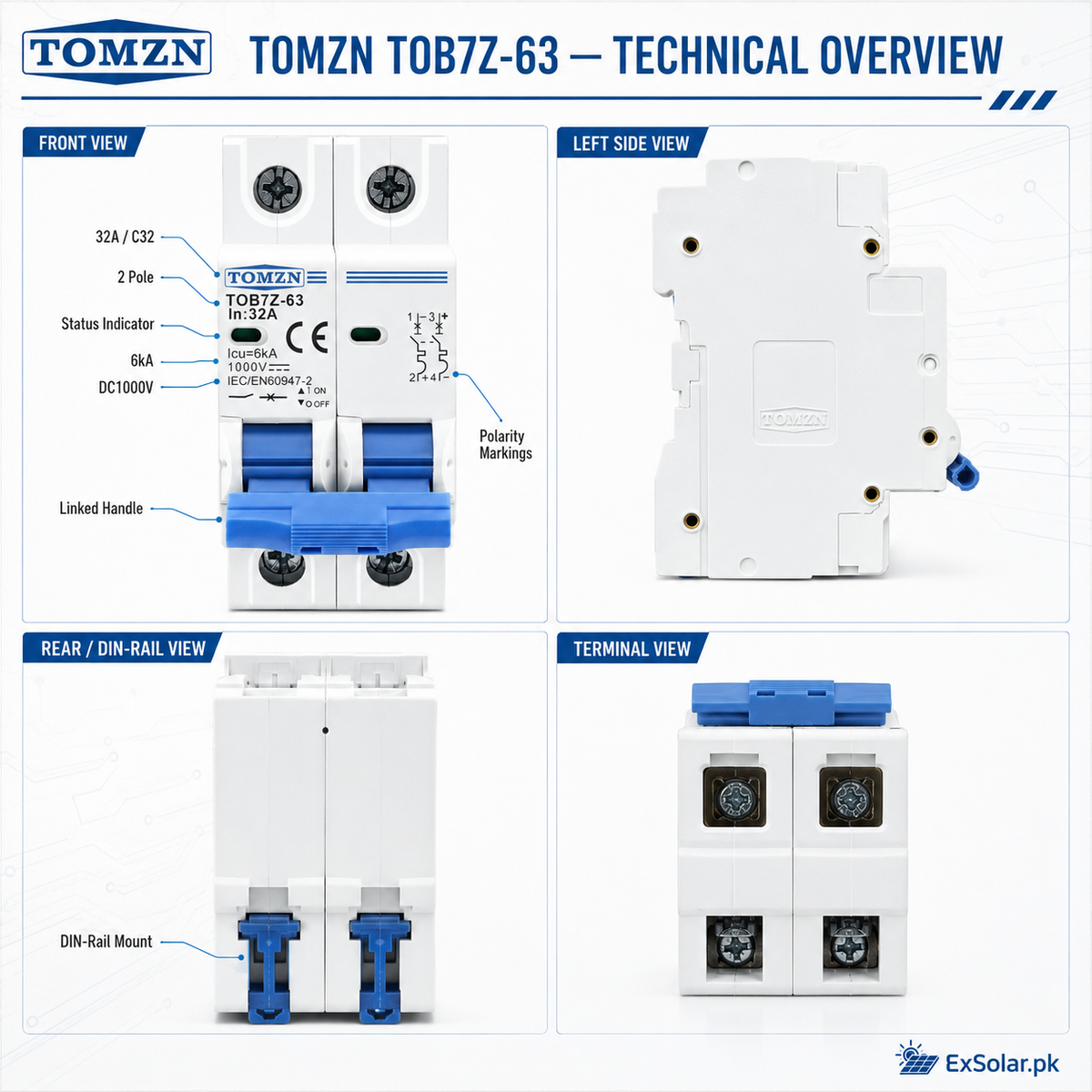 TOMZN TOB7Z-63 32A 2P 1000V DC Solar MCB
