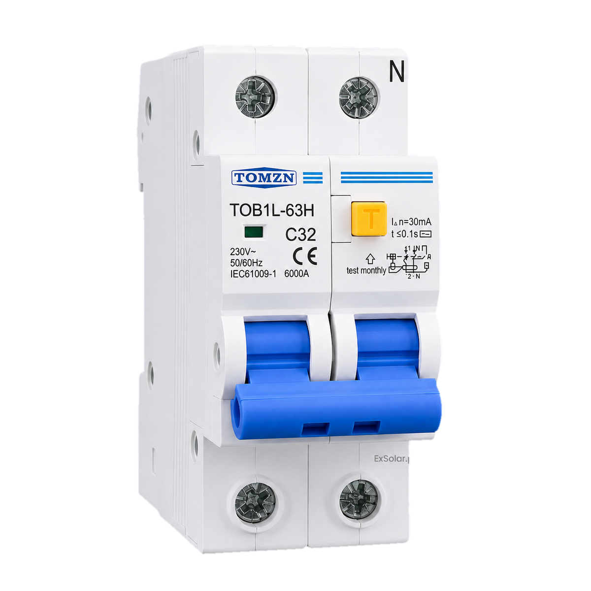 TOMZN TOB1L-63H C32 32A 2-Pole 30mA AC RCBO