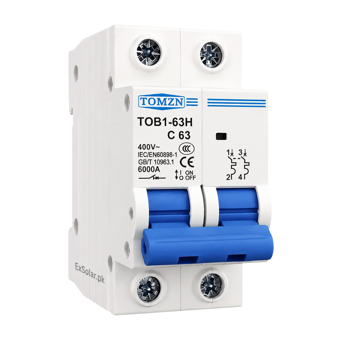 TOMZN TOB1-63H C63 63A 2-Pole 400V 6kA AC Miniature Circuit Breaker