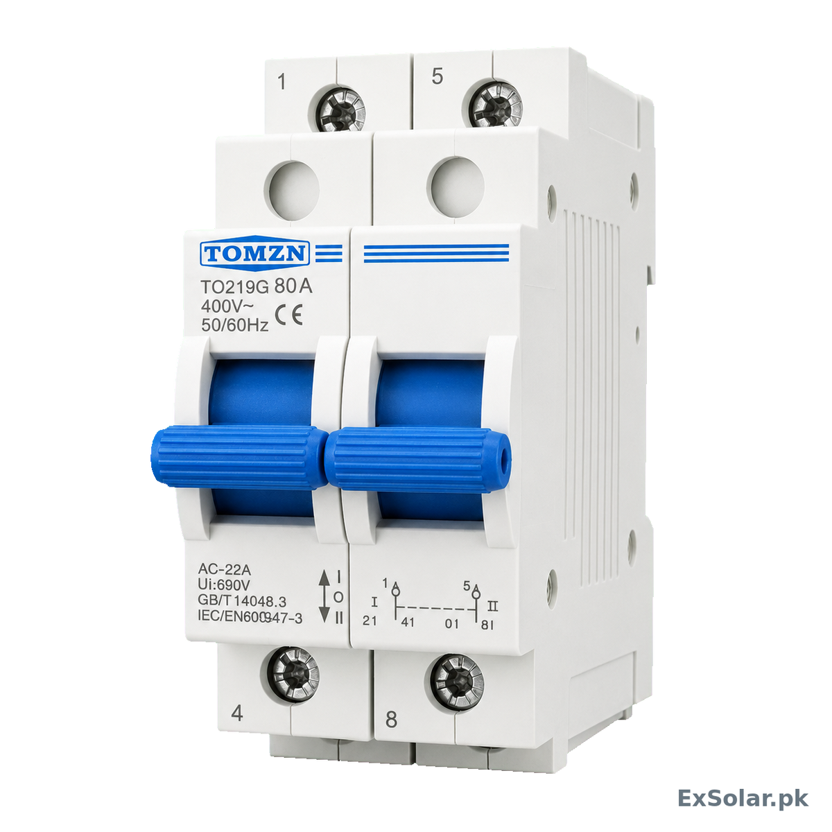 TOMZN TO219G 80A 2-Pole Manual Changeover Switch – 400V AC I–0–II Dual Power Transfer