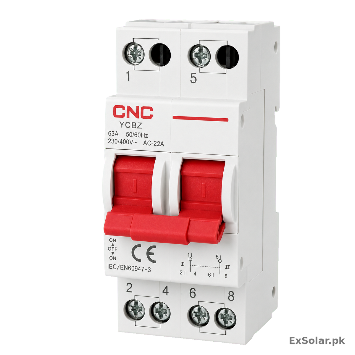 CNC Electric YCBZ 63A 2-Pole Manual Changeover Switch – 230/400V AC I–0–II