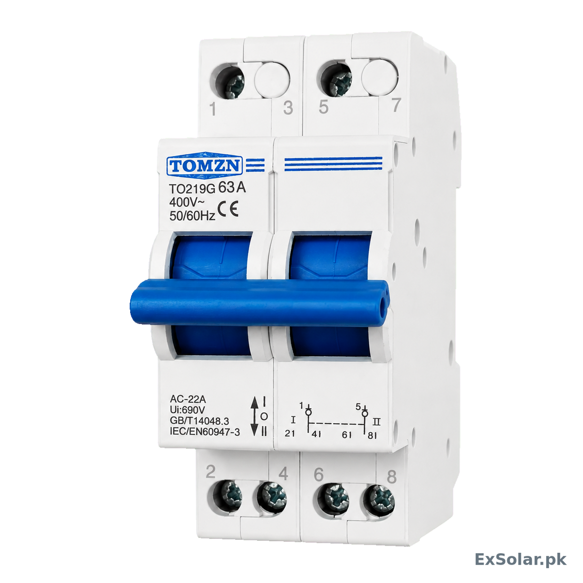 TOMZN TO219G 63A 2-Pole Manual Changeover Switch – 400V AC I–0–II Dual Power Transfer