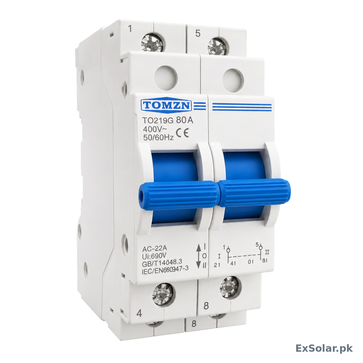 TOMZN TO219G 80A 2-Pole Manual Changeover Switch – 400V AC I–0–II Dual Power Transfer
