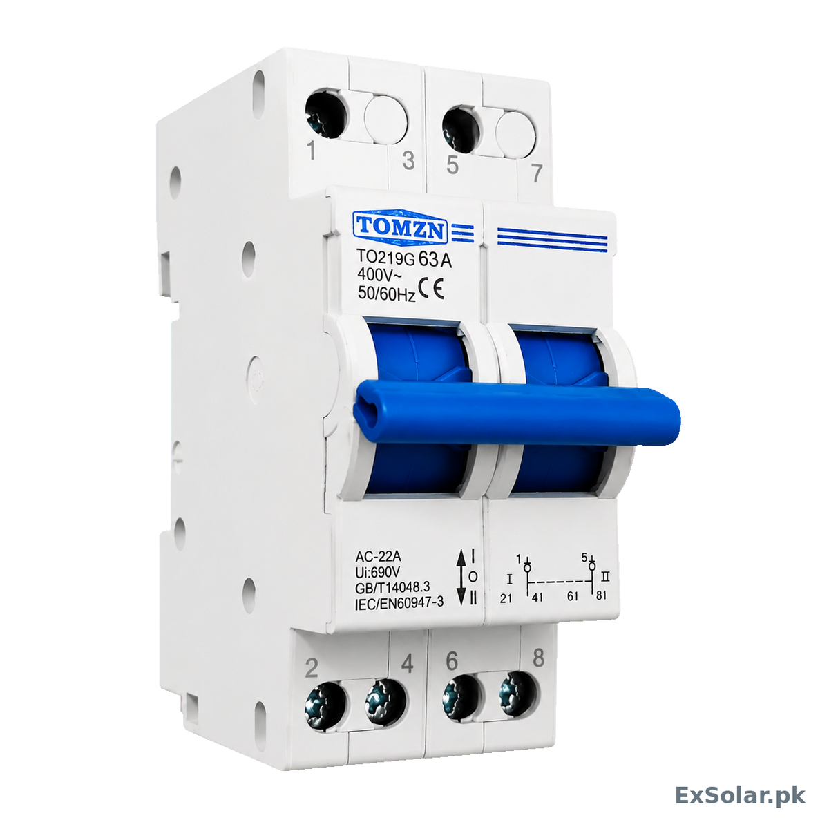 TOMZN TO219G 63A 2-Pole Manual Changeover Switch – 400V AC I–0–II Dual Power Transfer