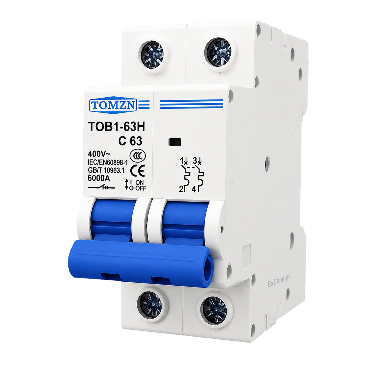 TOMZN TOB1-63H C63 63A 2-Pole 400V 6kA AC Miniature Circuit Breaker