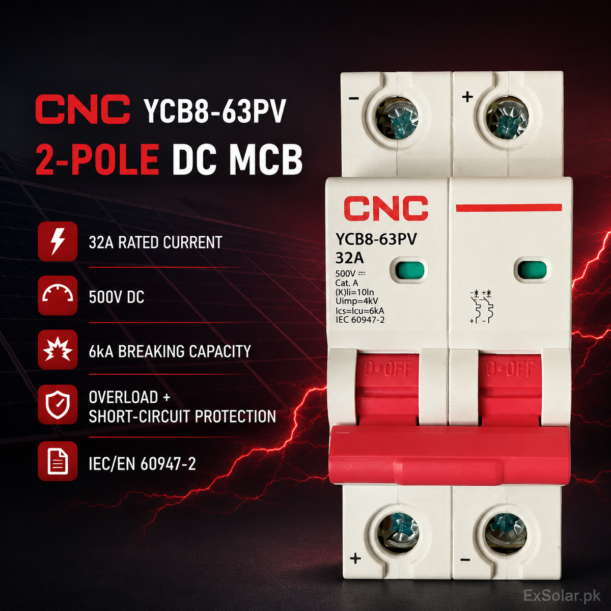 CNC YCB8-63PV 2-Pole 32A 500V DC Solar MCB Breaker