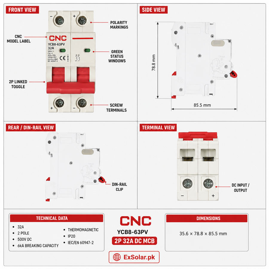 CNC YCB8-63PV 2-Pole 32A 500V DC Solar MCB Breaker