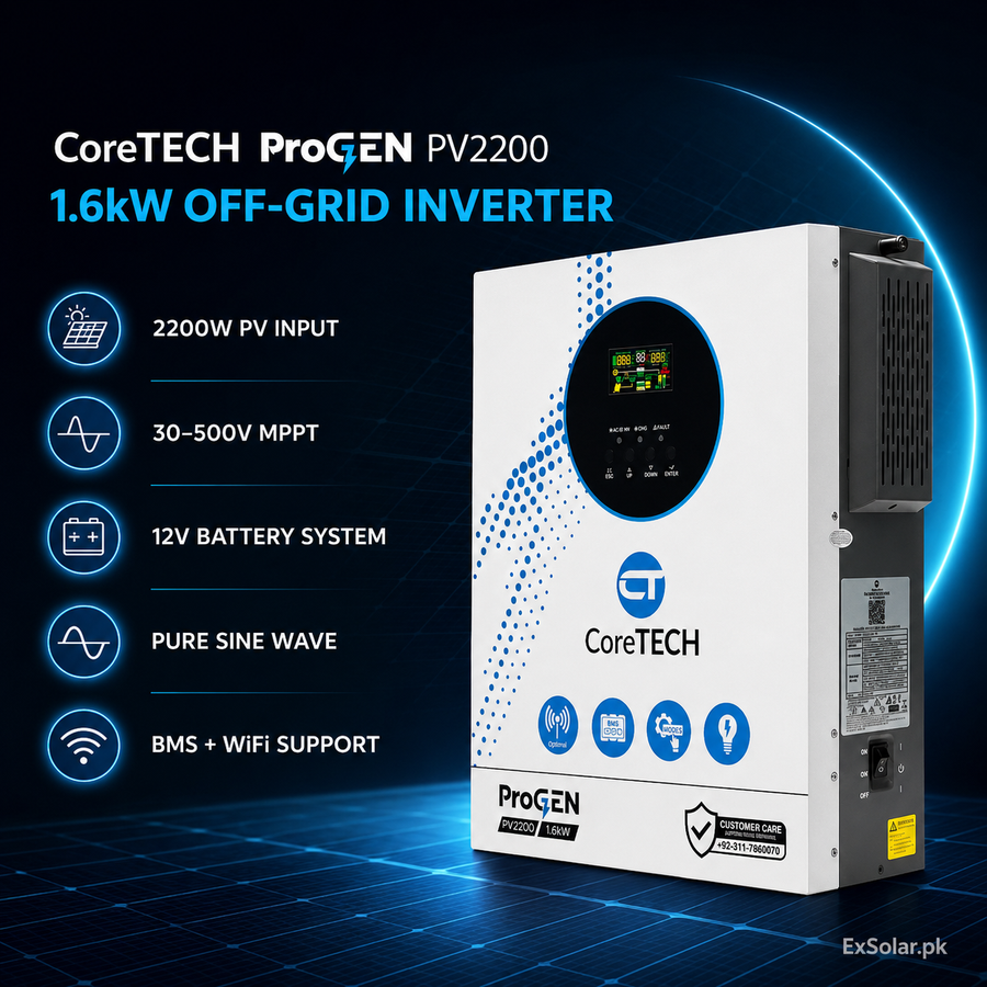 CoreTECH ProGEN PV2200 1.6kW 12V Off-Grid Solar Inverter with MPPT